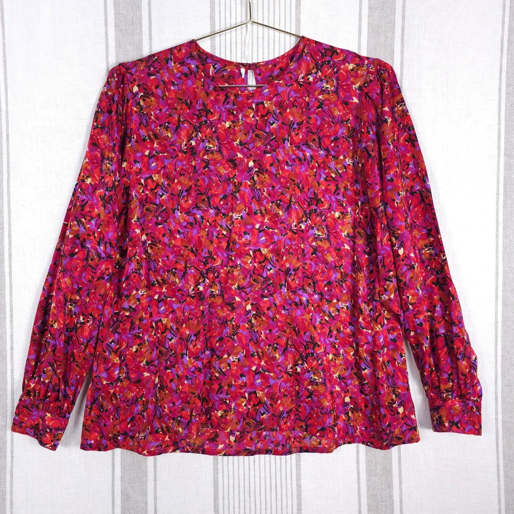 Vintage Silk Blouse‎ Top Red Purple Long Sleeve 80s Abstract Golden Girls Artsy